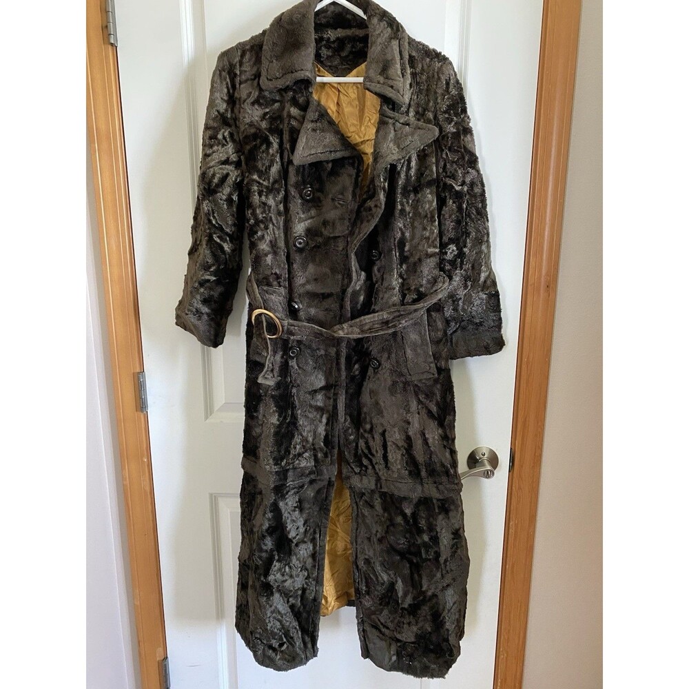 Vtg 70s Sears Fashions Convertible Faux Fur Coat Double Breasted Belted Brown⁠